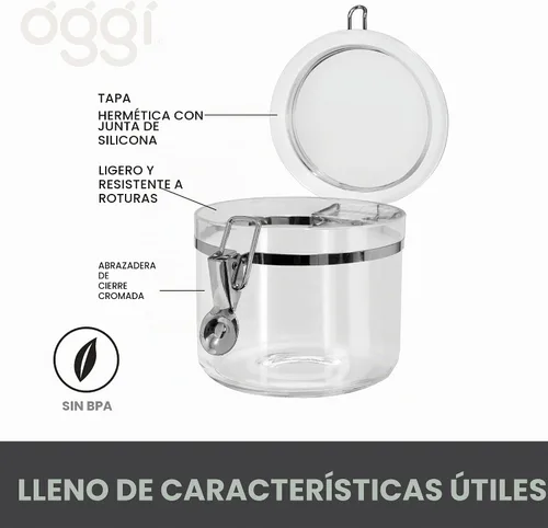 Vista 2 de Oggi contenedor acrílico hermético con abrazadera, Transparente