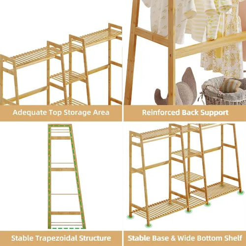 Vista 2 de BAMBOOHOMIE Perchero de ropa para niños con estantes, perchero de ropa de bambú para niños, niños y bebés, perchero de almacenamiento para vestirse
