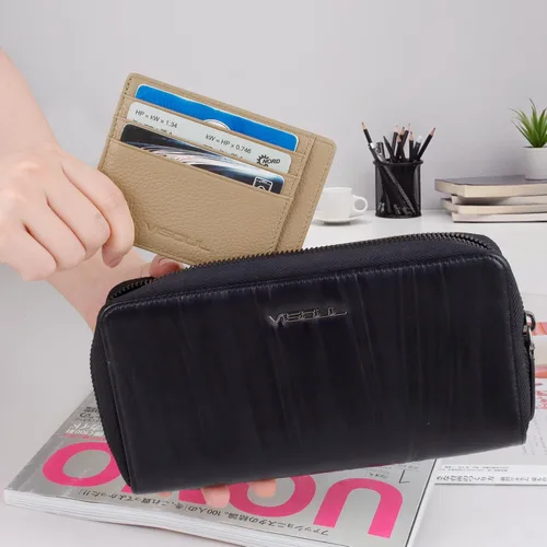 Vista 6 de VISOUL Tarjetero delgado para mujer con bloqueo RFID, cartera pequeña de cuero para mujer con bolsillo con cremallera para monedas (marrón claro)