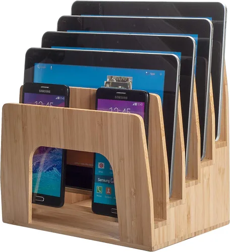 Vista 10 de MobileVision Organizador de dispositivos de bambú para teléfonos inteligentes, tabletas y portátiles, 10 ranuras