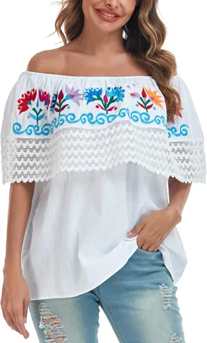 Vista 2 de YZXDORWJ Camisa con hombros descubiertos bordados mexicanos para mujer