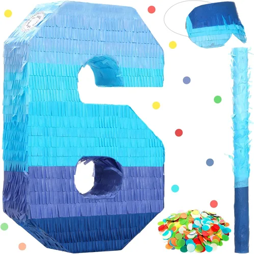 Vista 12 de Sratte Piñata Número 1 2 3 4 5 6 7 8 9 con Palo, Venda para los Ojos, Confeti, Piñata Azul Degradado para Niños y Niñas Fiestas de Cumpleaños