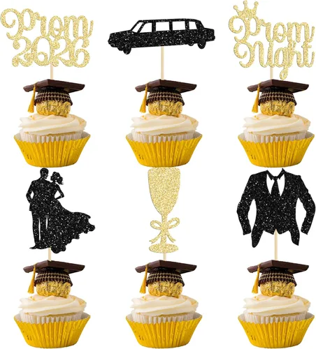Vista 27 de Gyufise 24 piezas Adornos para pastel de graduación 2026 con purpurina negra, clase de 2026, adornos para magdalenas con gorra de graduación