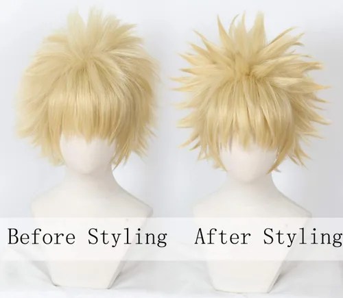 Vista 2 de Linfairy Peluca de cosplay de anime, cabello rubio corto, disfraz de Halloween, peluca completa