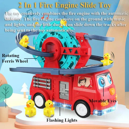 Vista 2 de Juguete deslizante de motor de bomberos 2 en 1 para niños – Juego interactivo para niños pequeños con música, luces, pista de carreras y noria