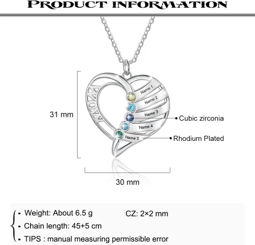 Vista 3 de Personalized Mom Heart Necklace Birthstone Necklace for Women Mom Jewelry with 1-6 Names Customized Name Necklace Christmas Birthday Gifts for Mama