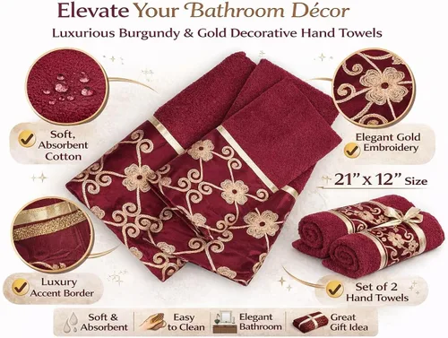 Vista 4 de Popular Bath Toallas de baño, colección Vlegant Rosa, 21 x 12 pulgadas, borgoña/dorado