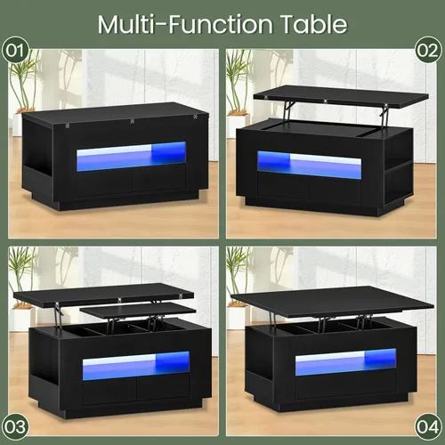 Vista 4 de CHOEZON Mesa auxiliar elevable de 40 pulgadas con 2 cajones, luces LED y almacenamiento, mesa central multiusos 4 en 1 con base flotante, para sala