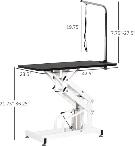 Vista 4 de Mesa hidráulica de aseo para perros pequeños, medianos y grandes, mesa de aseo para mascotas con brazo superior ajustable y soga, altura ajustable