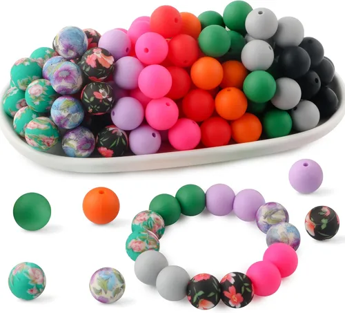 Vista 16 de 70 cuentas de silicona impresas para hacer llaveros, cuentas redondas de silicona de 0.59 pulgadas para hacer bolígrafos, collares y pulseras