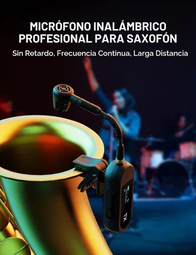 Vista 2 de EBJ Sistema de micrófono de saxofón UHF inalámbrico, micrófono de instrumento de clip, saxofón y trompeta, ecualizador preestablecido y nivel de eco