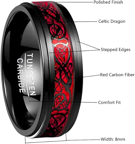 Vista 6 de Corato Anillos de tungsteno para hombre, 0.315in, dragón celta negro y ópalo rojo, dos tonos, carburo de tungsteno, borde escalonado, ajuste cómodo