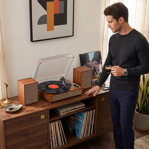 Vista 7 de Tocadiscos de vinilo con altavoces externos duales, tocadiscos Bluetooth vintage de 3 velocidades con altavoces estéreo, reproductor LP accionado