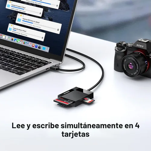 Vista 5 de UGREEN SD lector de tarjetas USB 3.0; adaptador Hub 5Gbps; lee 4 tarjetas simultáneamente; CF, CFI, TF, SDXC, SDHC, SD, MMC, Micro SDXC, Micro SD