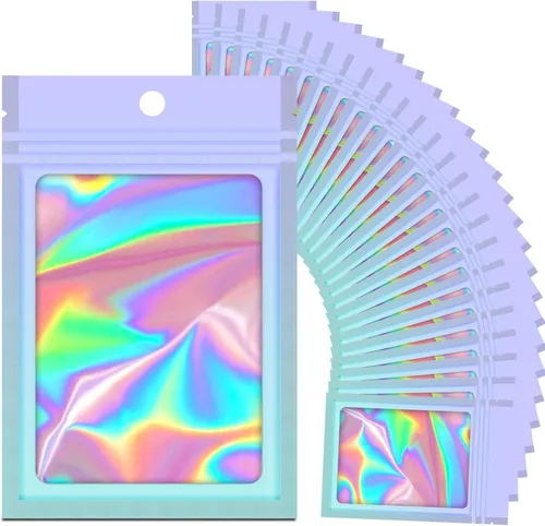 Vista 10 de 100 bolsas holográficas de Mylar degradadas con ventana transparente, bolsa con cremallera resellable, bolsas de muestras de embalaje para fiestas