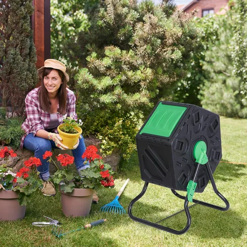 Vista 2 de Contenedor de compostaje giratorio con puertas correderas, contenedor de compostaje de una sola cámara, resistente para jardinería al aire libre