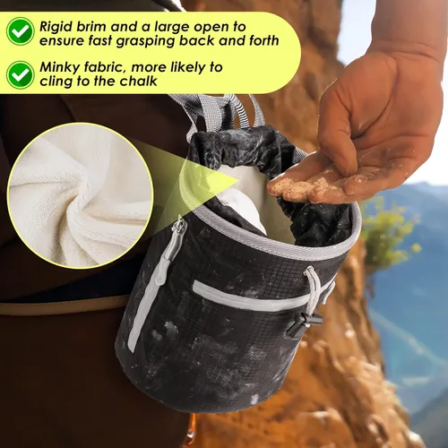 Vista 2 de Bolsa de tiza para escalada en roca, bolsa de bouldering, 2 cremalleras impermeables para gimnasia, ajuste cruzado y levantamiento (grande)