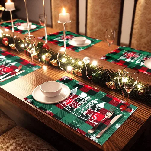 Vista 3 de Juego de 4 manteles individuales de Navidad, diseño de copos de nieve a cuadros, para mesa de comedor, impermeables, para decoración de mesa