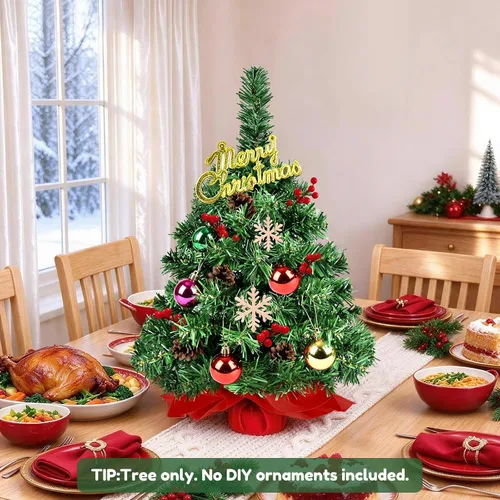 Vista 5 de Mini árbol de Navidad artificial de 2 pies, puntas y base de PVC de alta calidad, pequeños árboles de Navidad para mesa, hogar, oficina, decoración
