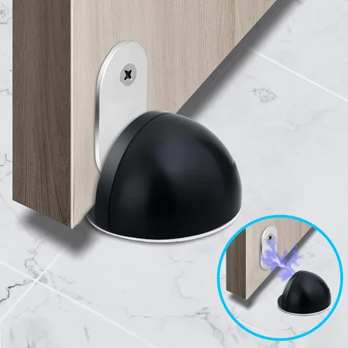 Vista 8 de Tope de puerta, tope magnético para puerta, adhesivo negro, soporte invisible de acero inoxidable, sin taladro, protector de pared, cúpula magnética