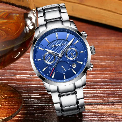 Vista 4 de CRRJU Reloj de pulsera impermeable de cuarzo con cronógrafo casual para hombre, correa de cuero negro