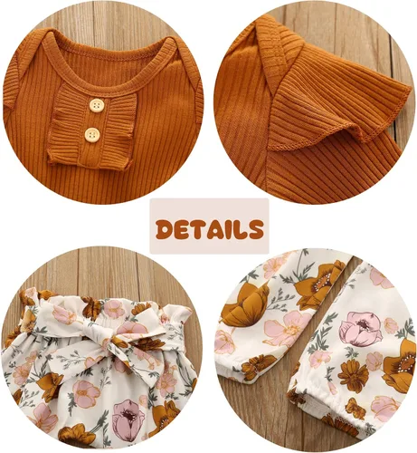 Vista 6 de Kislio Conjunto de ropa de bebé recién nacida con volantes y pantalones florales y diadema para bebé