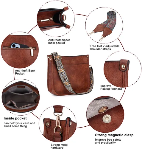 Vista 6 de HKCLUF Bolso cruzado para mujer, 2 piezas, de cuero, con 2 correas ajustables de leopardo, bolsa cruzada