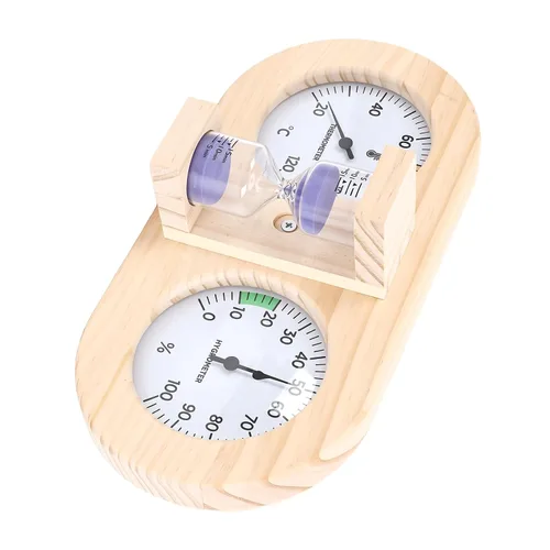 Vista 7 de Haofy Wooden Sauna Thermometer Hygrometer, Dual Dial Design with Sand Timer Function for Home and Commercial Sauna Rooms