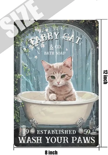 Vista 5 de Zomyto Letrero de metal divertido con diseño de gato "Wash Your Paws", decoración para bañera, regalo para amantes de los gatitos, accesorios
