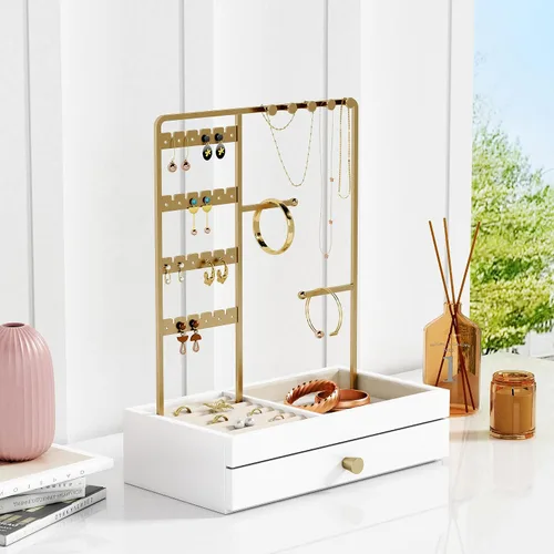 Vista 2 de Soporte organizador de joyas de oro, regalo de cumpleaños para mujeres y niñas, pequeño soporte de joyería para aretes, anillos, pulseras, árbol