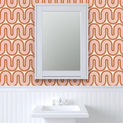 Vista 9 de Papel tapiz para despegar y pegar, diseño retro de mediados de siglo, líneas rosadas y marrones, decoración del hogar, olas, papel tapiz extraíble