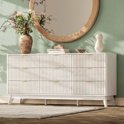 Vista 18 de Cómoda acanalada con 9 cajones de 63 pulgadas de ancho para dormitorio, borde curvado, roble Wooden Closet Organizer for Bedroom,Fluted Dresser with