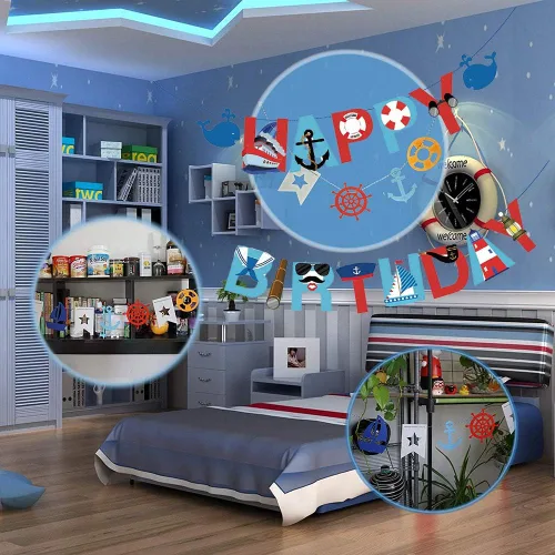 Vista 5 de 77 piezas de suministros náuticos para fiestas: pancarta náutica de feliz cumpleaños, banderines, 30 globos de látex (rojo, azul, blanco), 24