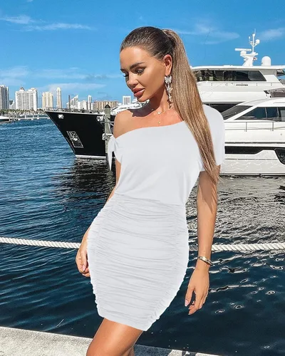 Vista 6 de Vestido corto de manga corta para mujer, con un hombro descubierto, fruncido y fruncido, para club, fiesta