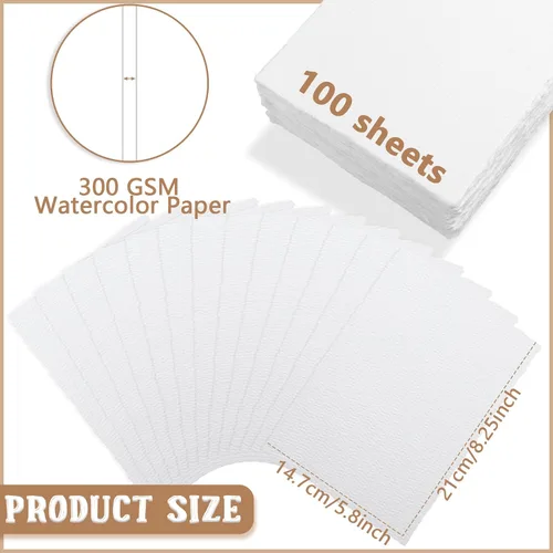 Vista 2 de Panelee 100 hojas de papel de acuarela hecho a mano de 300 GSM, a granel con borde deckled, 5.8 x 8.25 pulgadas, algodón texturizado blanco, papel