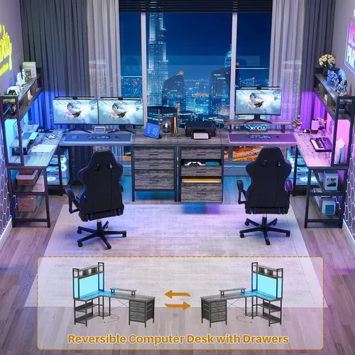 Vista 6 de Aheaplus Escritorio en forma de L con alacena, escritorio para juegos con luces LED, escritorio reversible para computadora con toma de corriente