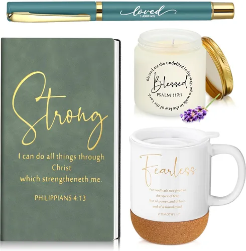 Vista 19 de Hushee 4 piezas de regalos cristianos para hombres, taza de café del hombre de Dios, diario de oración, vela perfumada, bolígrafo bíblico, regalos