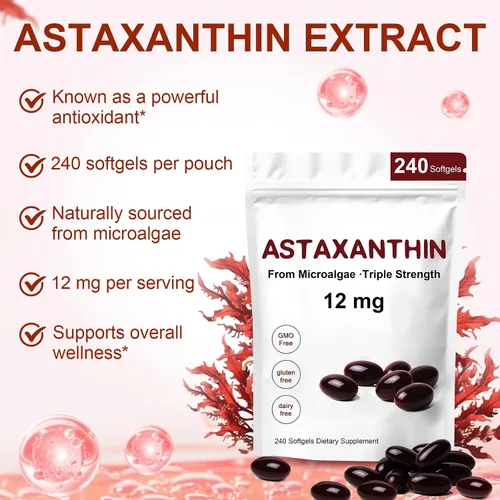 Vista 5 de Astaxantina 12 mg, 240 cápsulas blandas, suplementos antioxidantes de astaxantina premium, apoya los ojos, la piel, inmune, circulación interna, sin