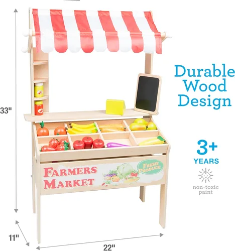 Vista 4 de Juguete de Puesto de Mercado de Agricultores de Madera - Más de 30 Piezas de Comida Incluyen Frutas, Verduras, Pizarra y Caja Registradora - Juego