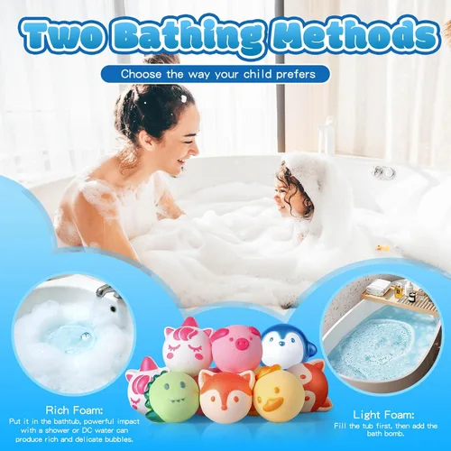 Vista 2 de Aofmee Bombas de baño para niños, 12 bombas de baño para niños con aceite esencial, 6 formas de animales y aroma afrutado, juego de regalo de spa