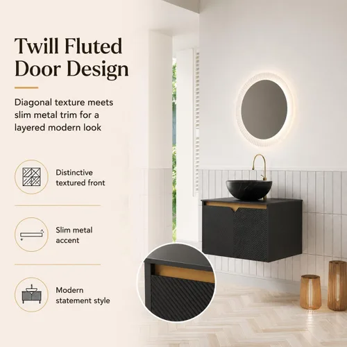 Vista 3 de Vanidad de baño flotante de 24 pulgadas con fregadero, gabinete estriado Fregadero de cerámica negro + negro