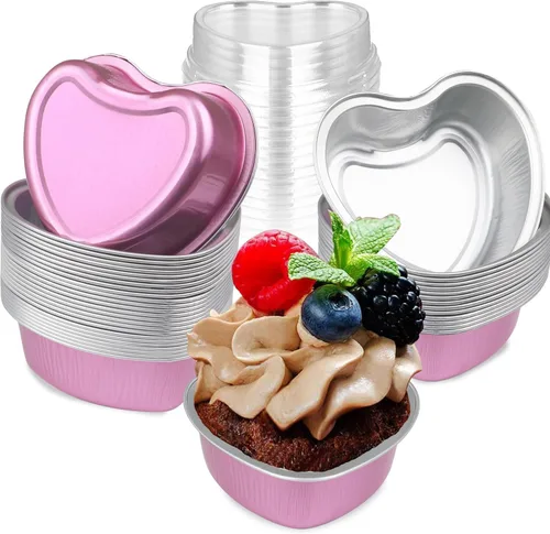 Vista 11 de Moldes para pasteles en forma de corazón de 3.5 pulgadas, molde de papel de aluminio con tapas, 25 piezas desechables de corazón pequeño