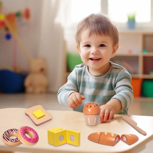 Vista 6 de Juego de madera para panadería, juguetes de comida, juego de cocina para niños, accesorios de cocina con bolsa de almacenamiento, juego