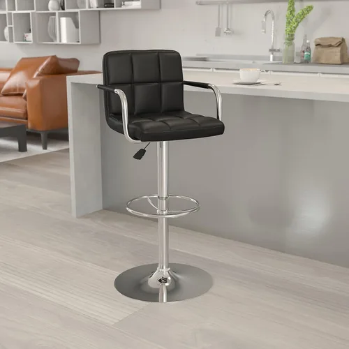 Vista 2 de Flash Furniture Taburete de bar de altura ajustable de vinilo acolchado negro contemporáneo con brazos y base cromada
