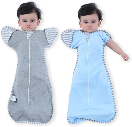 Vista 13 de Bycc Bynn Paquete de 2 sacos de dormir con manga alta, transición a saco de dormir portátil sin brazos para bebé pacify, Azul + Gris