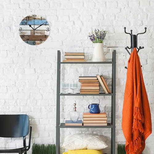Vista 4 de Reloj de pared rústico retro con puerta de granero de madera, marrón, azul, funciona con pilas, silencioso, sin tictac, 10 pulgadas, reloj de mesa