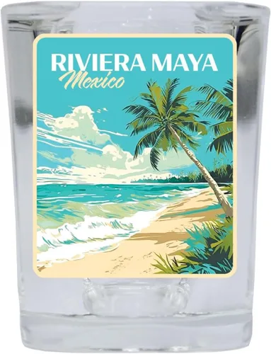 Vista 4 de Riviera Maya Mexico Design C Souvenir - Vaso de chupito cuadrado de 2.5 onzas, base azul, paquete de 2