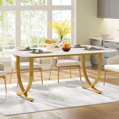 Vista 5 de LITTLE TREE Mesa de comedor, mesa de cocina con tablero de mármol sintético y patas de metal dorado Blanco & Oro