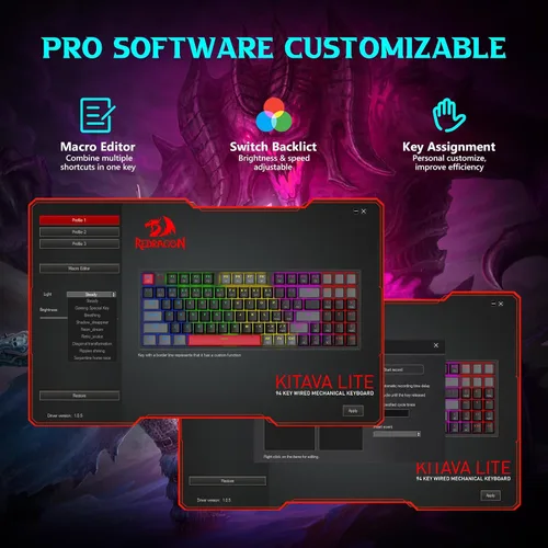 Vista 6 de Redragon Teclado mecánico, teclado para juegos con cable con 94 teclas, edición macro programable, almohadilla numérica, diseño compacto