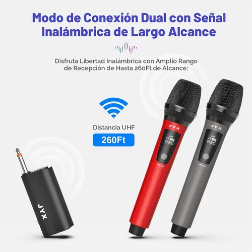 Vista 2 de JYX PartyBox - Micrófono inalámbrico, micrófono dinámico de mano UHF dual con receptor, salida de 0.250 in, adaptador de 0.138 in, voz clara Gris